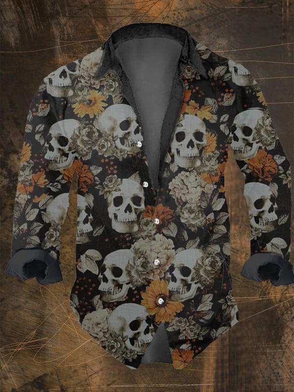 Men's Vintage Dark Skull Print Long Sleeve Shirt