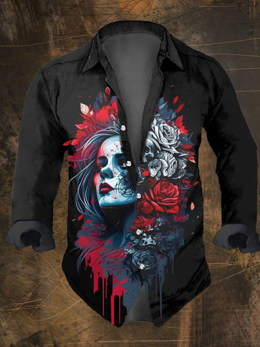 Men's Vintage Dark Skull Print Long Sleeve Shirt