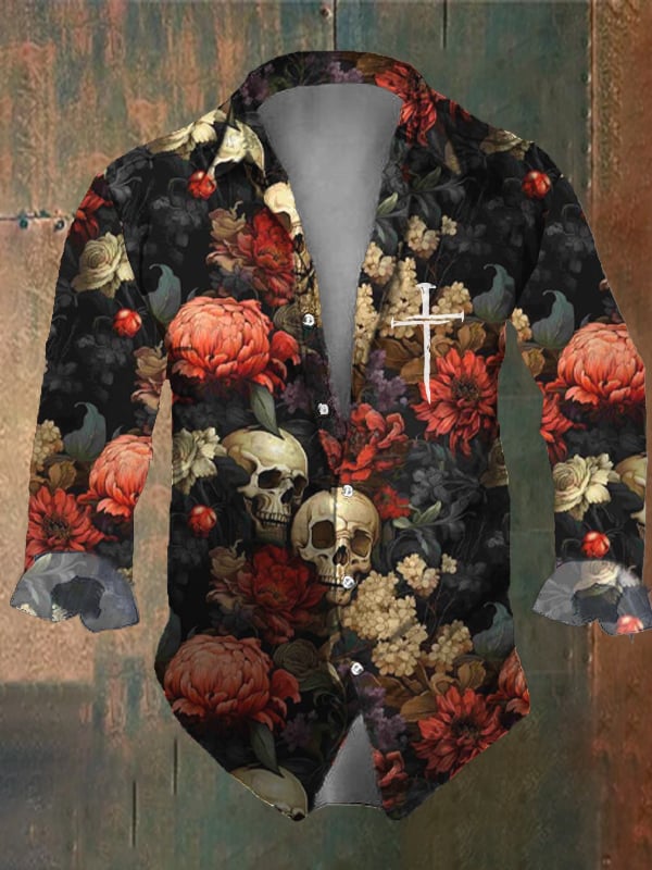 Men's Vintage Dark Skull Print Long Sleeve Shirt