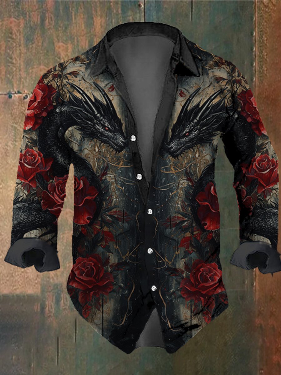 Men's Vintage Black Dragon Rose Print Long Sleeve Shirt