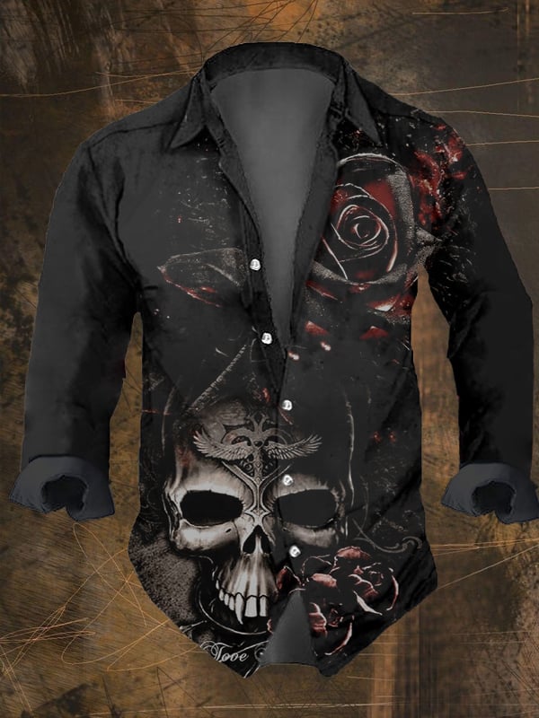 Men's Vintage Dark Skull Print Long Sleeve Shirt