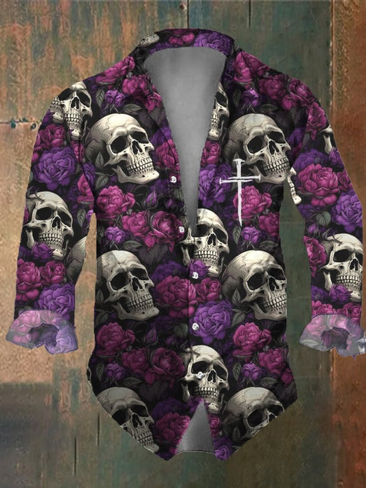 Men's Vintage Dark Skull Print Long Sleeve Shirt