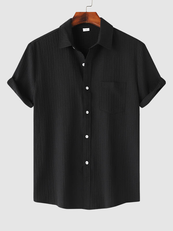 Men's solid color striped textured casual button-down Short Sleeve Shirt