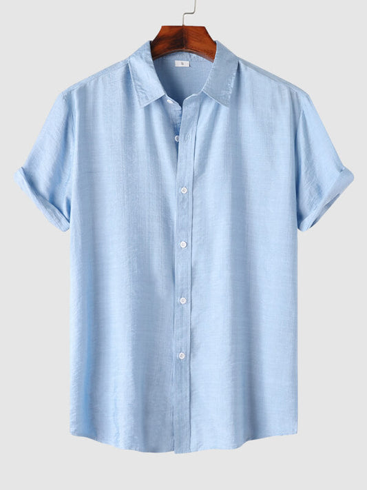 Men's solid color linen type cloth casual short-sleeved shirt