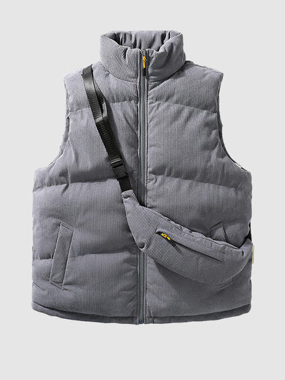 Men's winter corduroy solid color stand collar zipper fly down puffer vest with bag