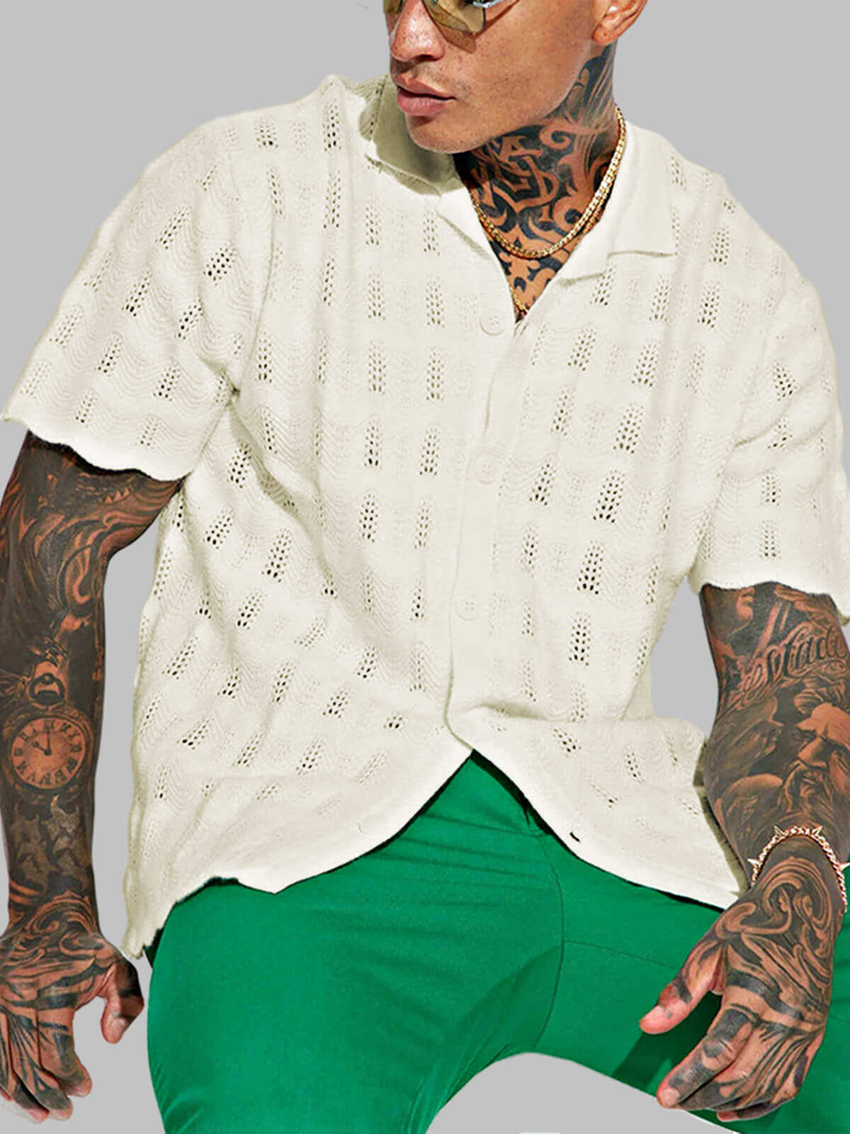 Men's Street Style Sexy Knit Short Sleeve crochet Shirt