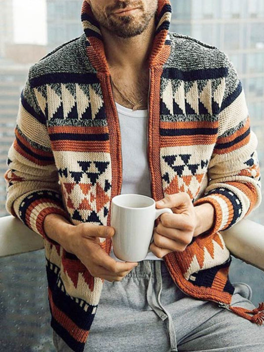 Men's vintage jacquard lapel knitted sweater cardigan jacket