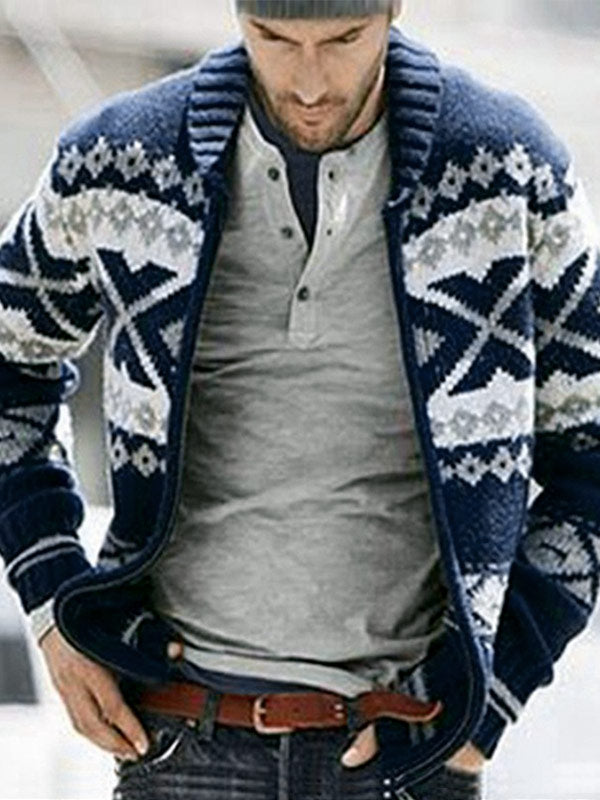 Men's Vintage Jacquard Lapel Knitted Sweater Jacket