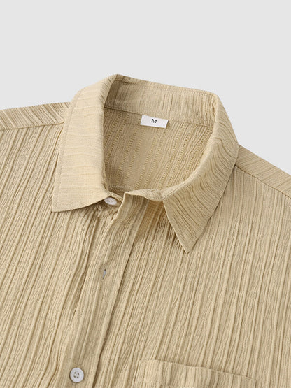 Men's solid color striped textured casual button-down Short Sleeve Shirt