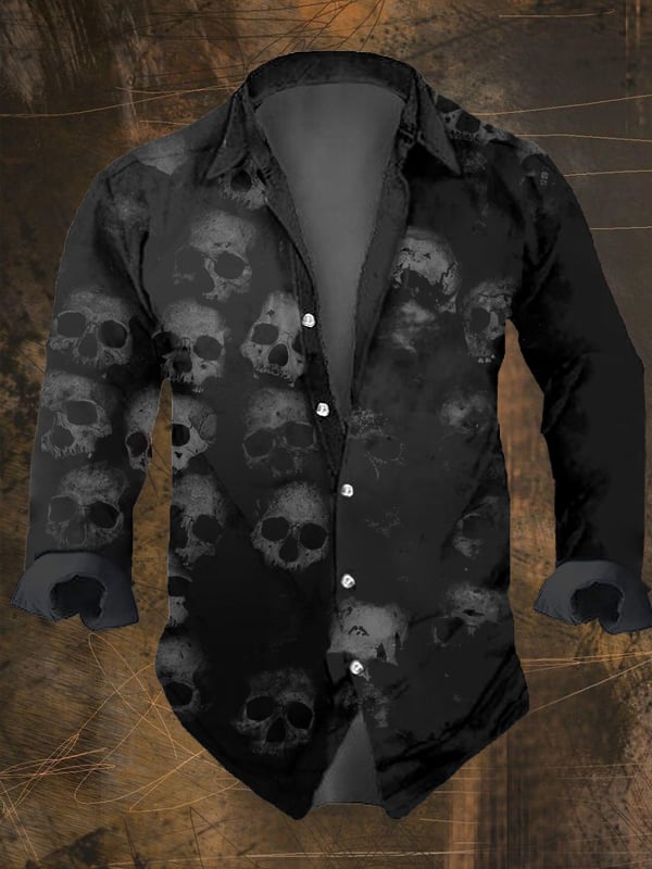 Men's Vintage Dark Skull Print Long Sleeve Shirt