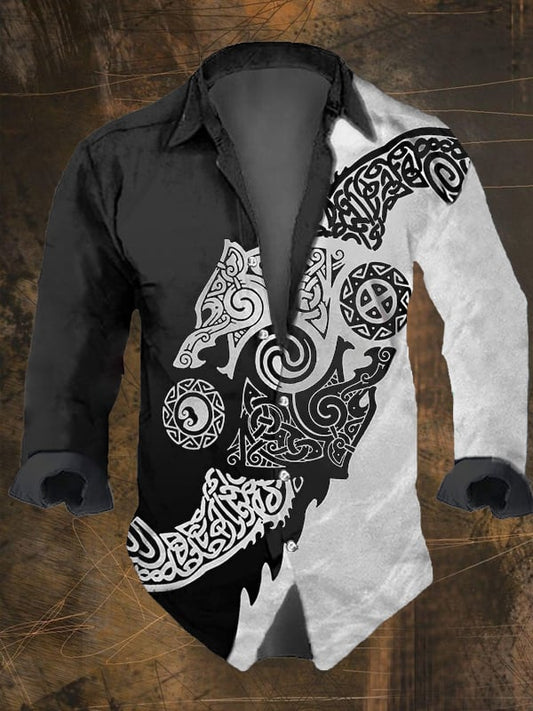 Men's Vintage Viking Print Lapel Long Sleeve Shirt