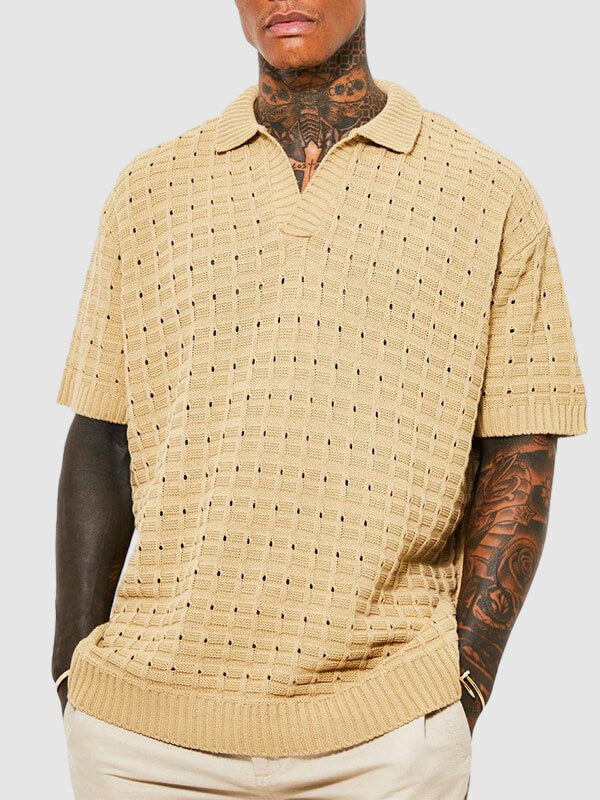 Men's solid color hollow V-neck knitted short sleeves