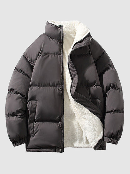 Men's solid color fleece-lined stand collar warm puffer jacket