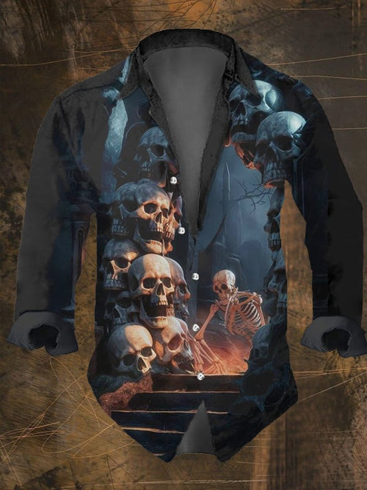 Men's Vintage Dark Skull Print Long Sleeve Shirt