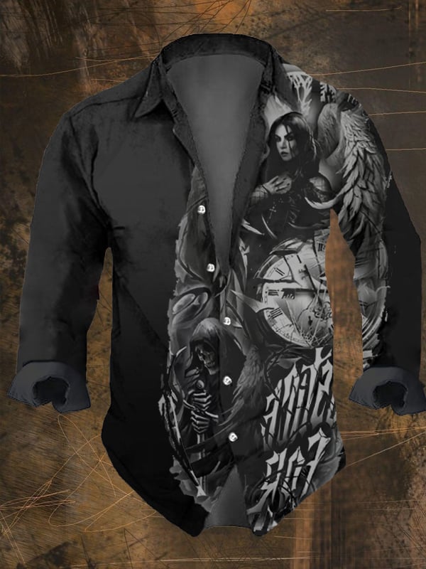 Men's Vintage Dark Skull Print Long Sleeve Shirt