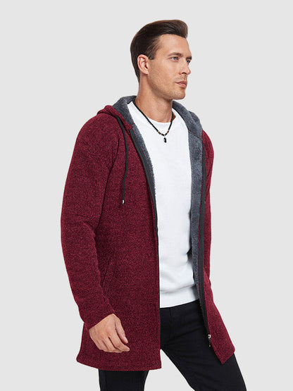 Men's Fleece-lined thickened knitted zipper Long  hooded jacket