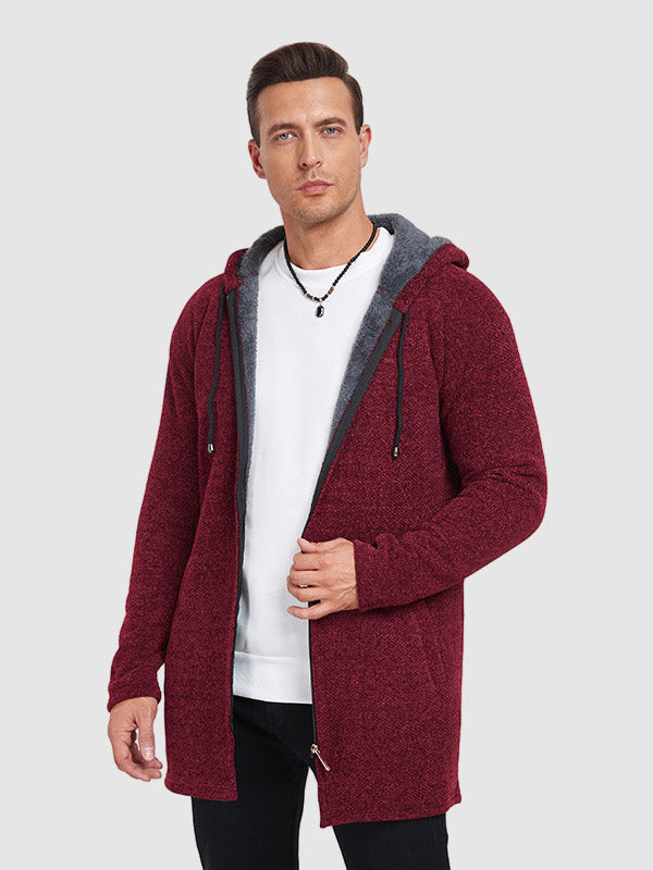 Men's Fleece-lined thickened knitted zipper Long  hooded jacket