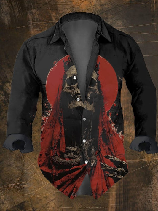 Men's Vintage Dark Skull Print Long Sleeve Shirt