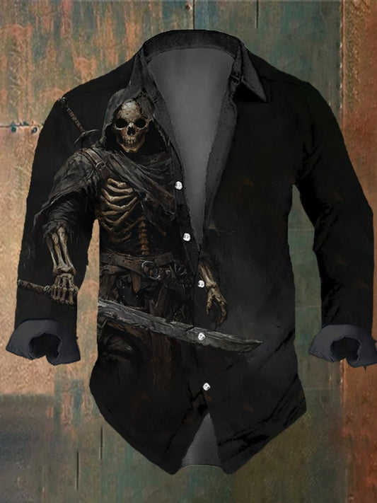 Men's Vintage Skull Warrior Print Long Sleeve Shirt