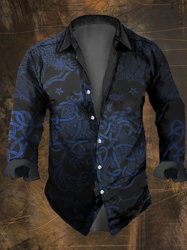 Men's Vintage Viking Print Lapel Shirt