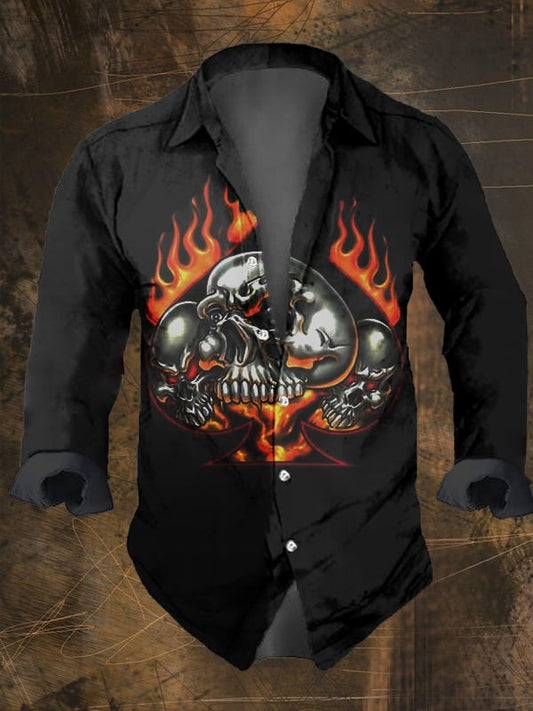 Men's Vintage Dark Skull Print Long Sleeve Shirt