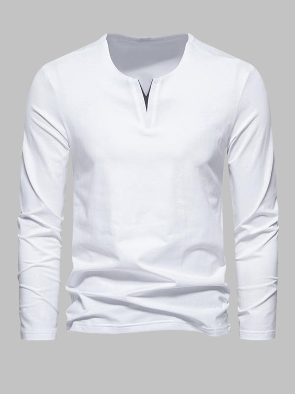 Men's Solid Color Henley V-Neck Long Sleeve Casual T-Shirt