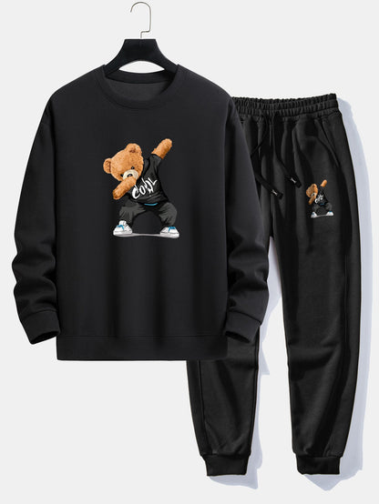 Cool Bear Print Relax Fit Crew Neck Sweatshirt & Jogging Pants Set