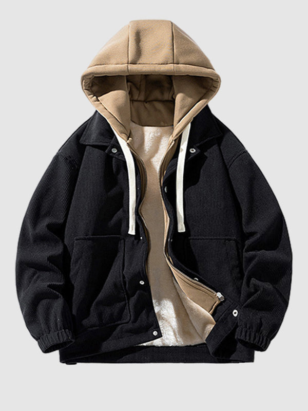 Men's Corduroy Fleece-lined Fake Two-Pocket Hooded Jacket