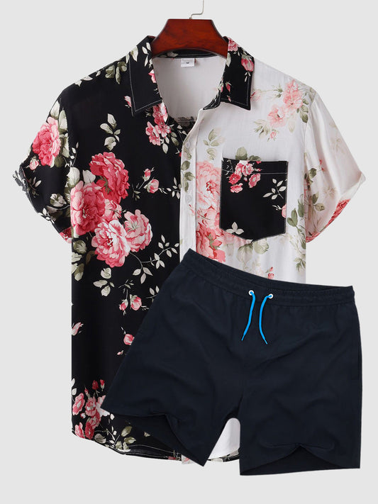 Men's Hawaiian Floral Patchwork Short Sleeve Shirt Swimming Shorts Set