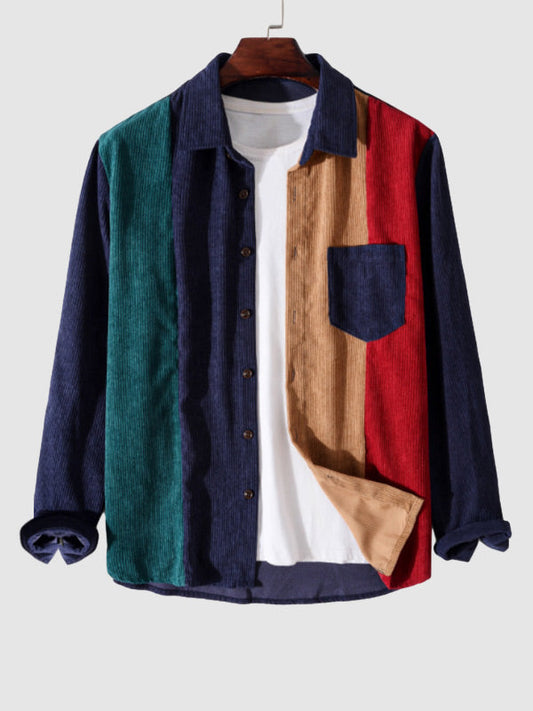 Men's Corduroy Color Patchwork Long Sleeve Shirt