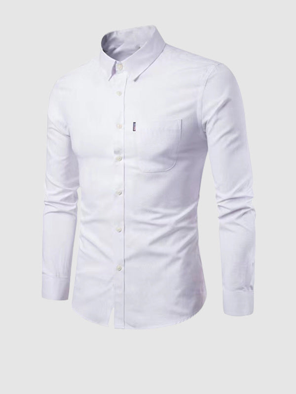 Solid Color Cotton Casual Button-Down Shirt Front Pocket Long Sleeves