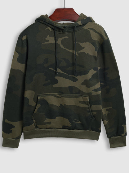 Men's casual hooded drawstring camouflage sweatshirt and casual pants two-piece set