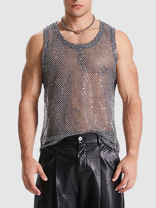 Men's hollow sexy sequined woven mesh sleeveless vest