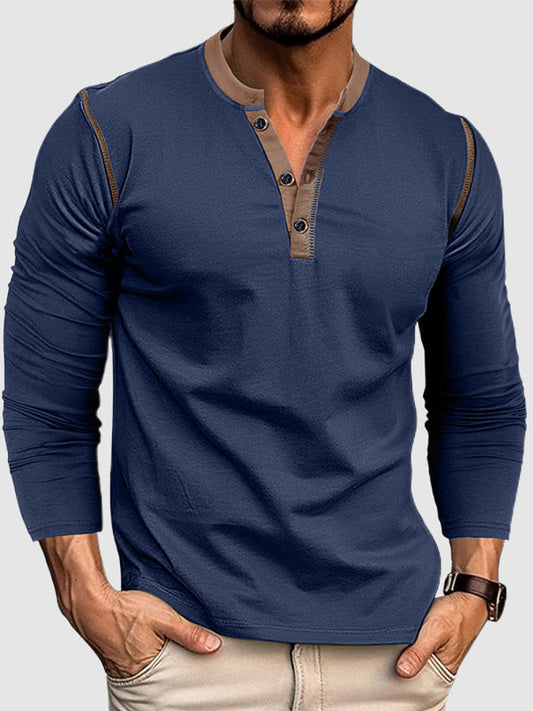 Men's Vintage Color Block Three-Button Henley Long Sleeve Polo