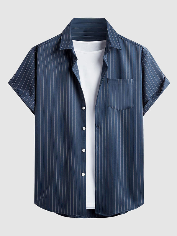 Men's Striped Single Pocket Casual Short Sleeve Shirt