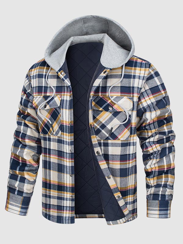 Men's hooded  plaid thickened warm button shirt jacket