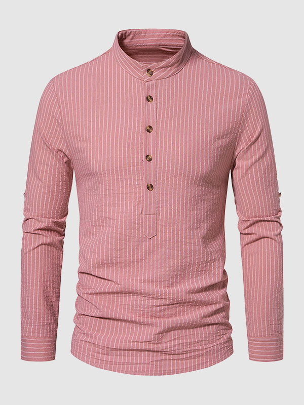 Men's cotton-linen stand collar half button striped casual long sleeve shirt