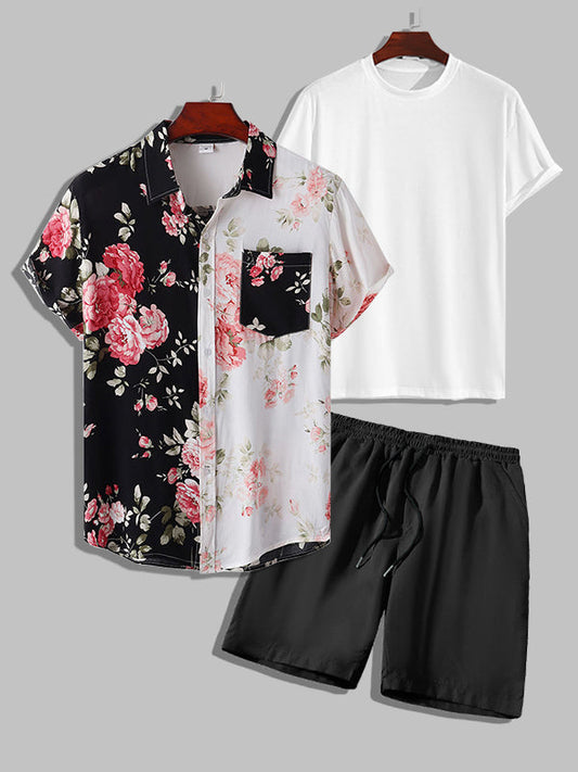 Men's Hawaiian floral patchwork short-sleeved shirt solid color T-shirt casual shorts set