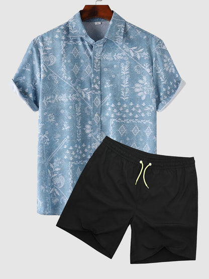 Men's Floral Print Casual Short Sleeve Shirt Quick-Drying Swimming Shorts Set