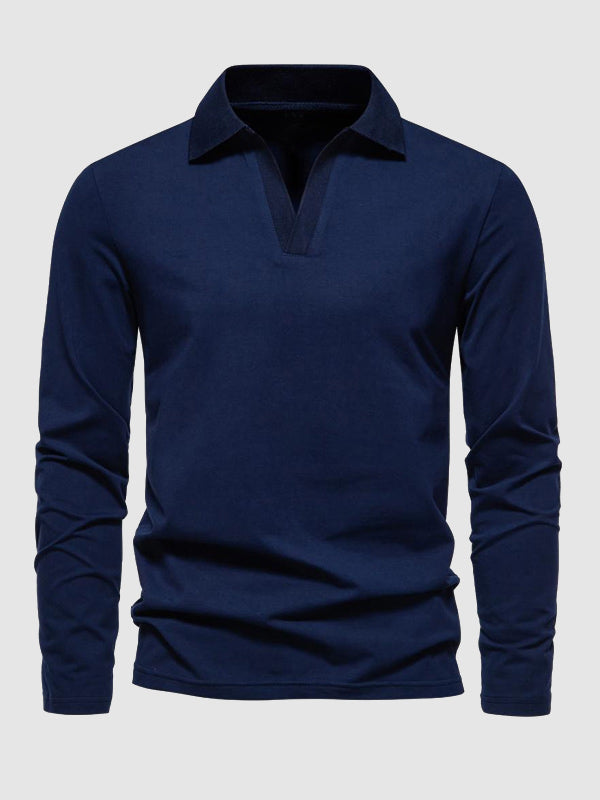 Men's Retro Solid Color V-Neck Lapel POLO Long Sleeve T-Shirt