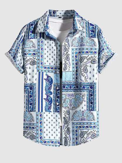 Men's Vintage Paisley Print Button-Down Short Sleeve Shirt