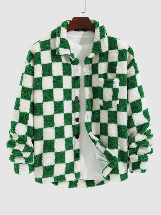 Men's  Colorblock  Checkerboard Plaid  Button  Fly  Fluffy Fleece Jacket