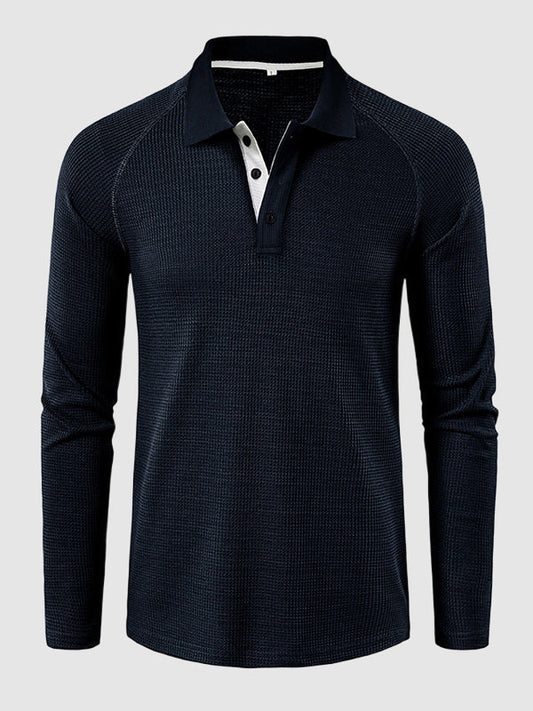 Men's lapel half-button waffle long-sleeved Polo