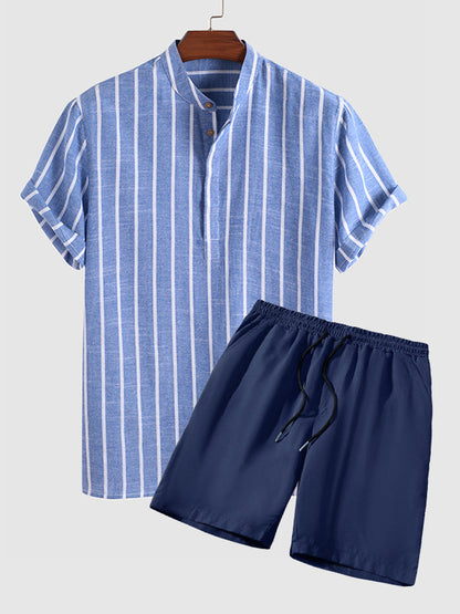 Men's Cotton Linen Striped Mandarin Collar Half Button Shirt  Casual Shorts Set