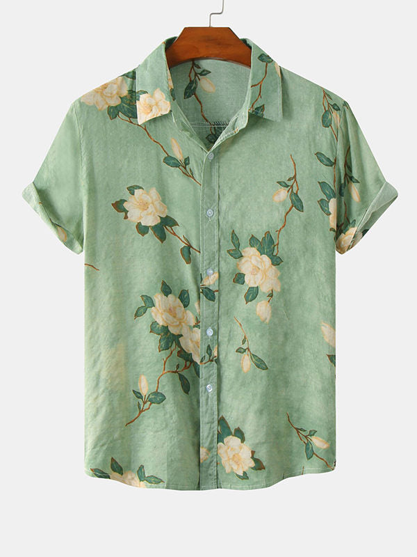 Men's Cotton Linen Printed Short Sleeve Shirt green