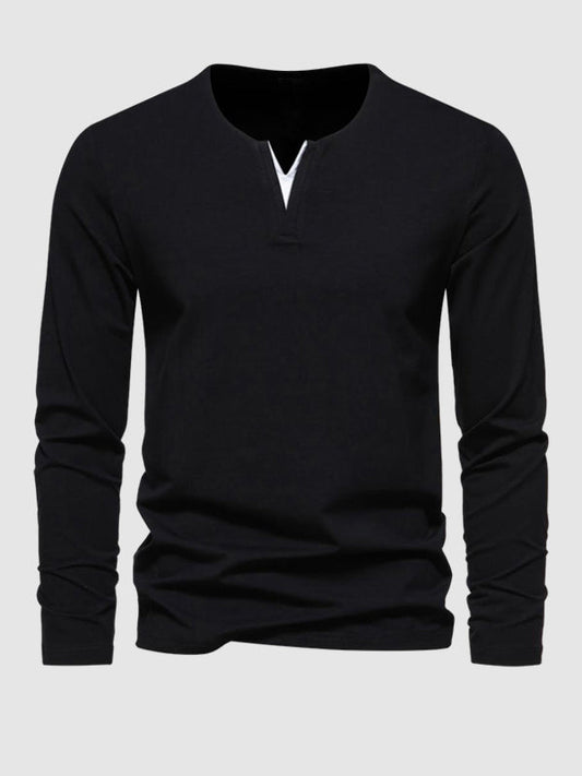 Men's Solid Color Henley V-Neck Long Sleeve Casual T-Shirt