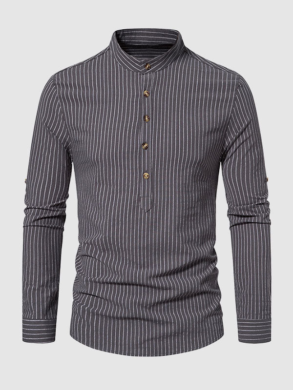 Men's cotton-linen stand collar half button striped casual long sleeve shirt