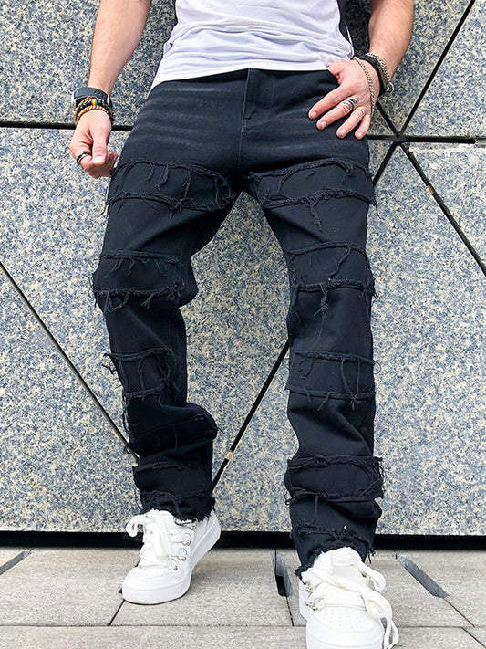 Men's Patched Straight Leg Denim Jeans