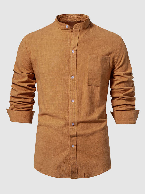 Men's cotton-linen stand collar casual long-sleeved shirt