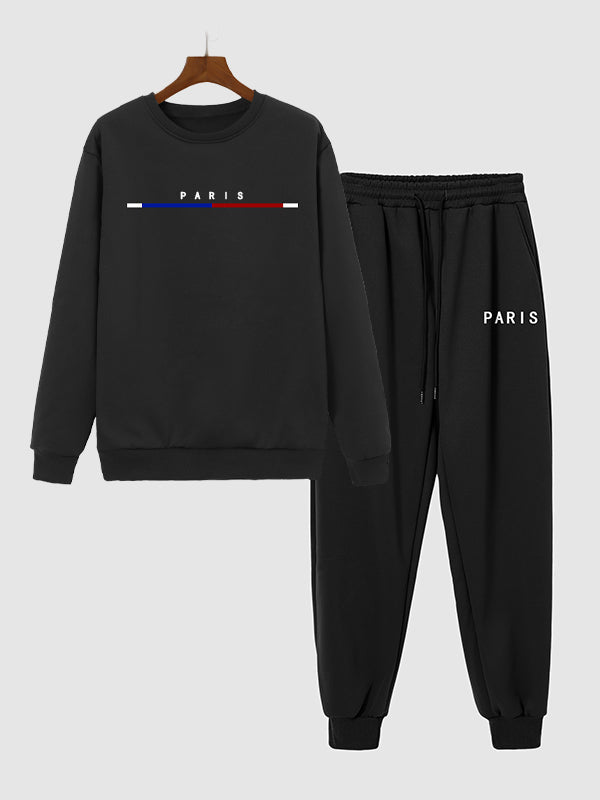 Men's "PARIS" letter print fleece casual sports set